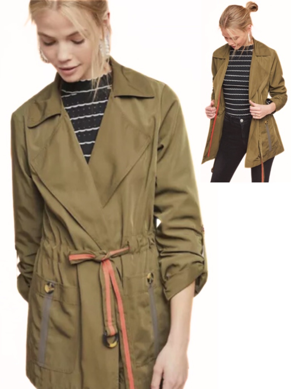 Anthropologie Gisborne Obi Trench Anorak Jacket Olive Green Size XS